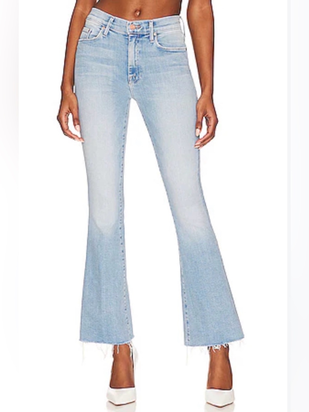 MOTHER The Weekender Fray Flare Jeans 32 Light Wash Raw Hem High Rise inseam 30